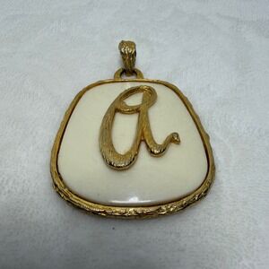Vintage Gold Tone Initial A Statement Pendant Cream Cabochon Monogram Letter A